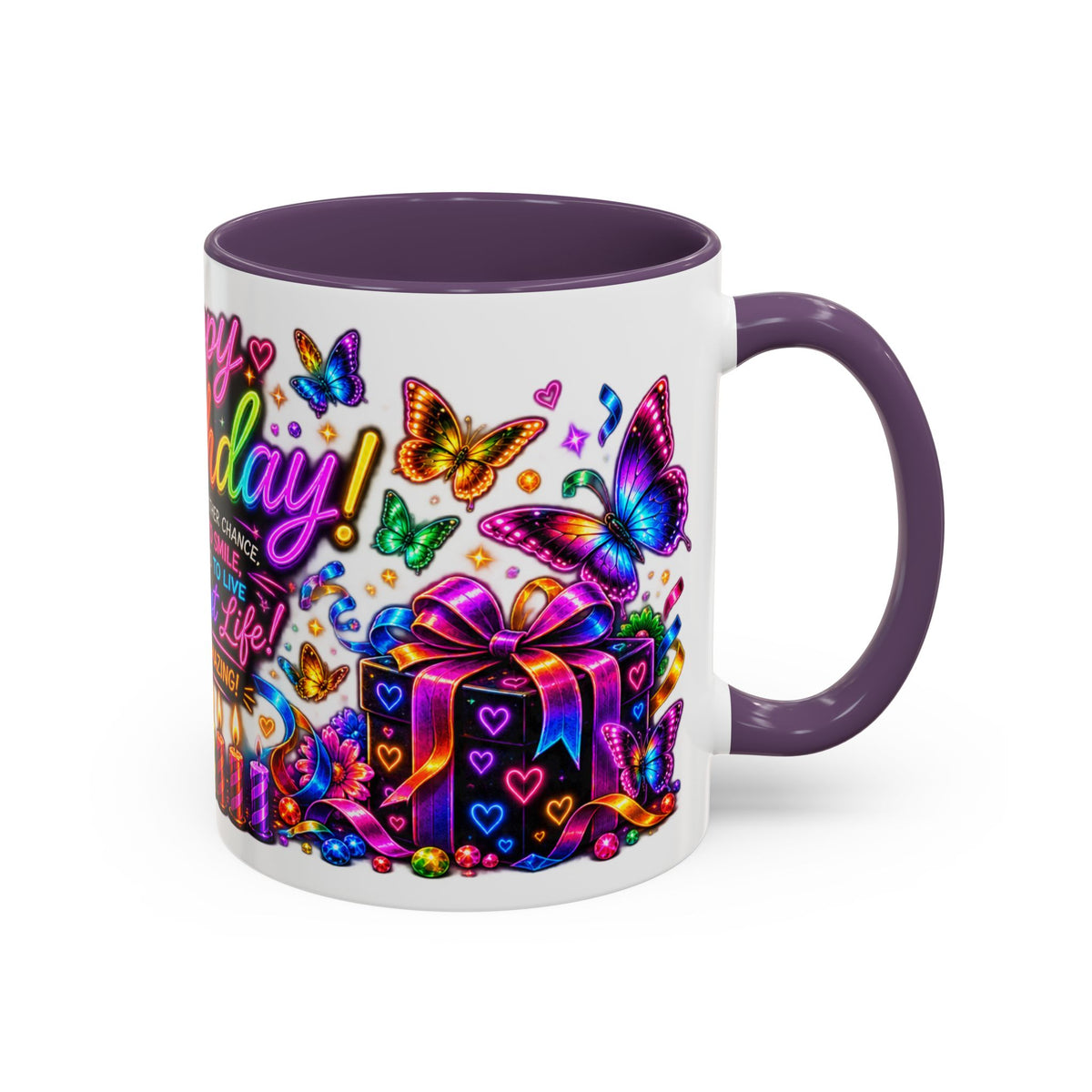 Birthday Coffee Mug – Colorful "Happy Birthday" Gift Mug with Butterflies & Candles