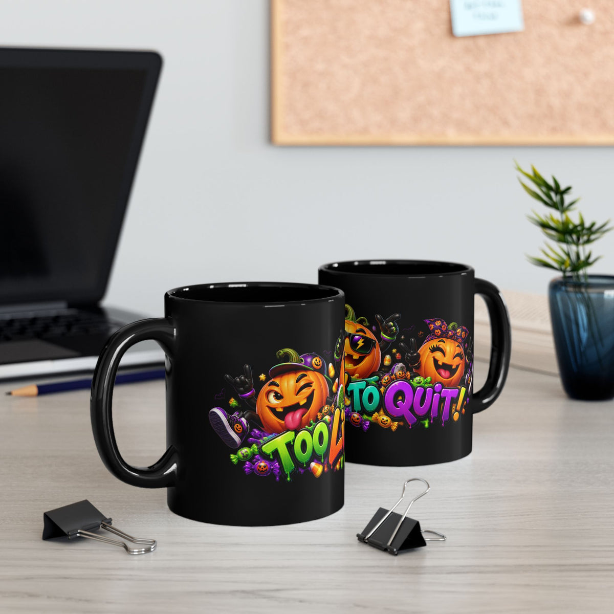 Too Lit to Quit Halloween Pumpkin Party Black Mug