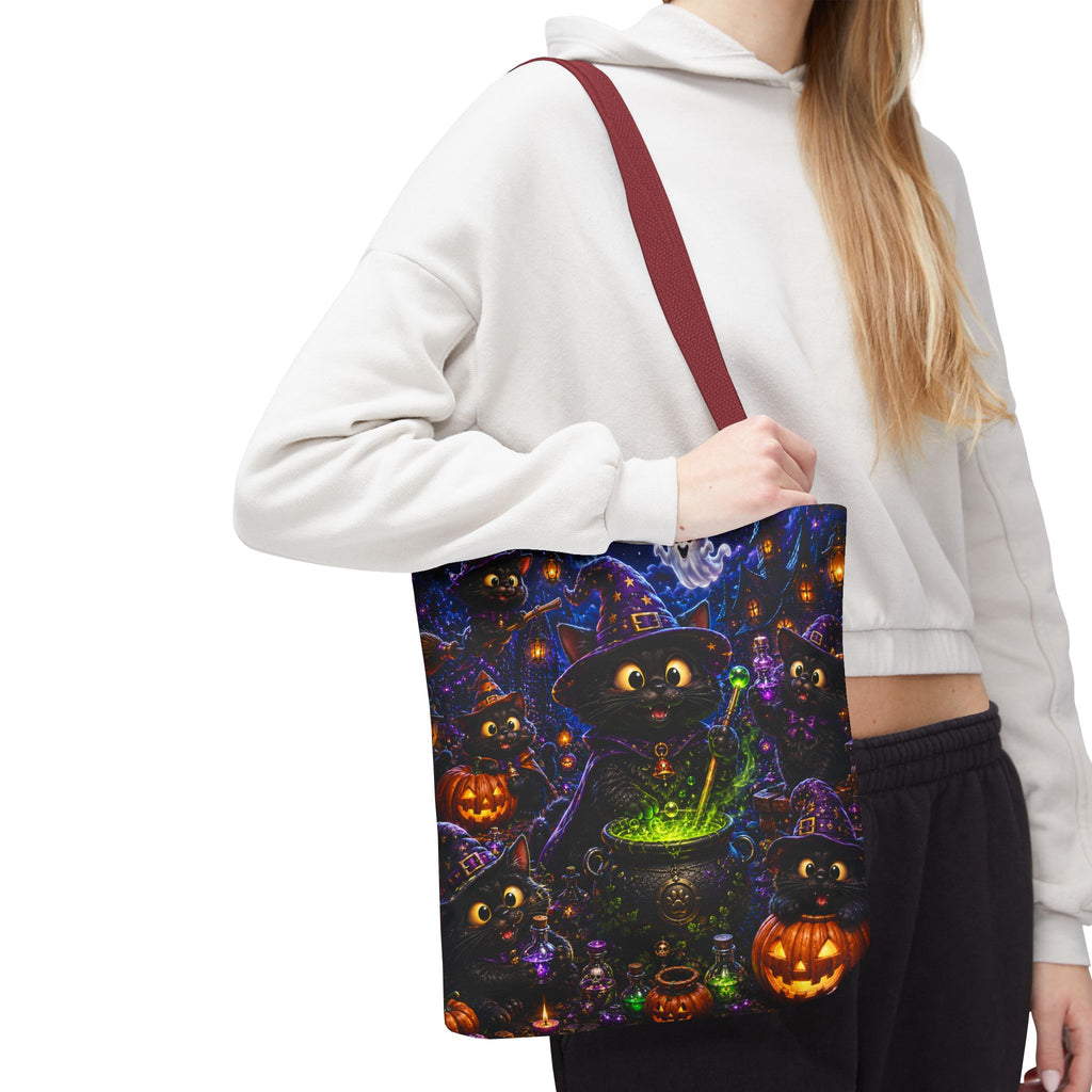 Halloween Black Cat Witches Tote Bag — Cute 3D Cats, Cauldron & Pumpkins Design