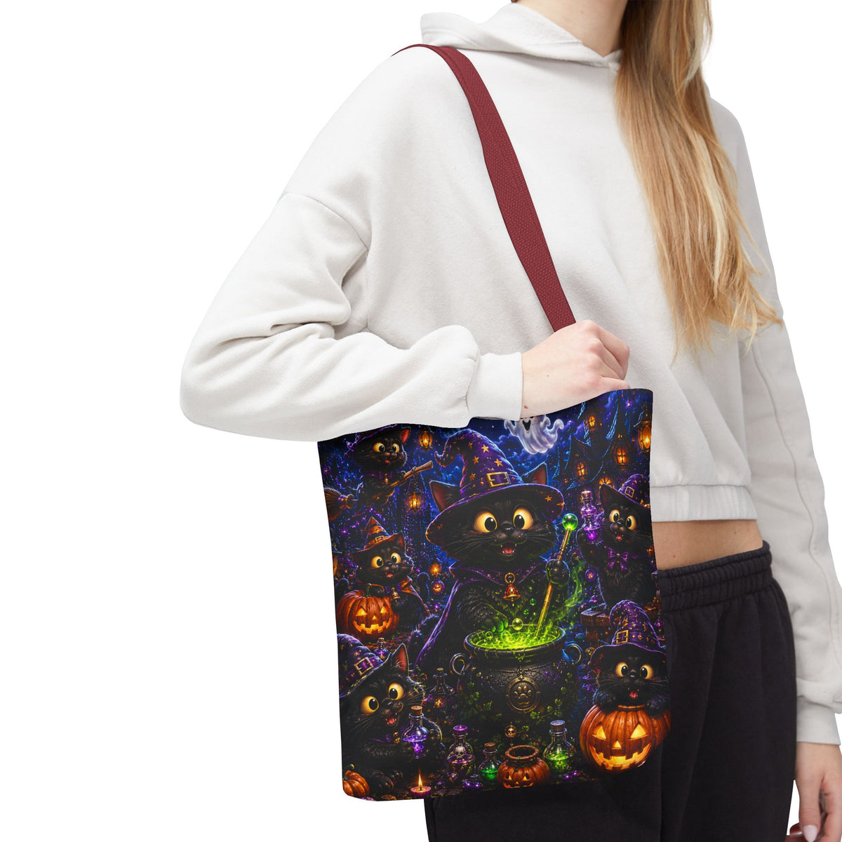 Halloween Black Cat Witches Tote Bag — Cute 3D Cats, Cauldron & Pumpkins Design