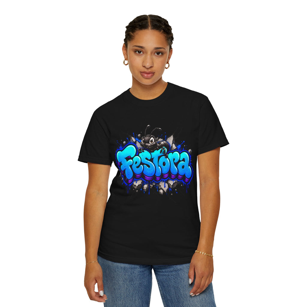 Festora Graffiti T-Shirt — Neon Blue Street Art Logo Tee