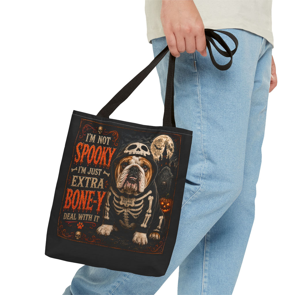Halloween Bulldog Tote Bag – "I’m Not Spooky, I’m Just Extra Boney" All-Over Print