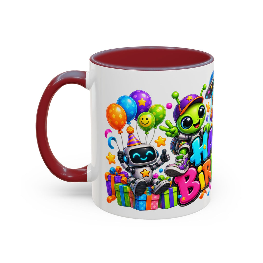 Happy Birthday Space Party Mug – Cute Aliens, Robots, UFO & Colorful 3D Birthday Design