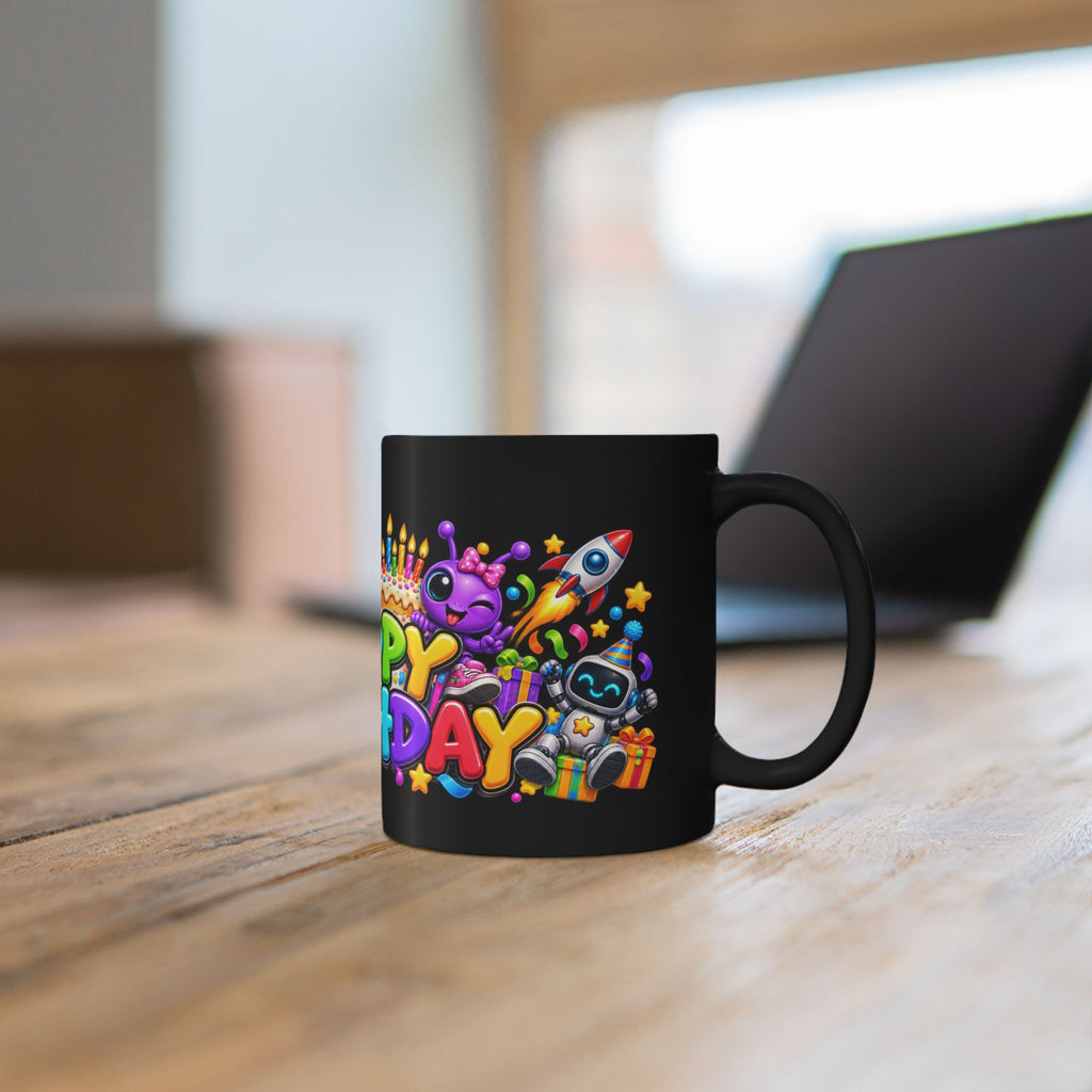 Happy Birthday Space Party Mug – Cute Aliens, Robots, UFO & Colorful 3D Birthday Design