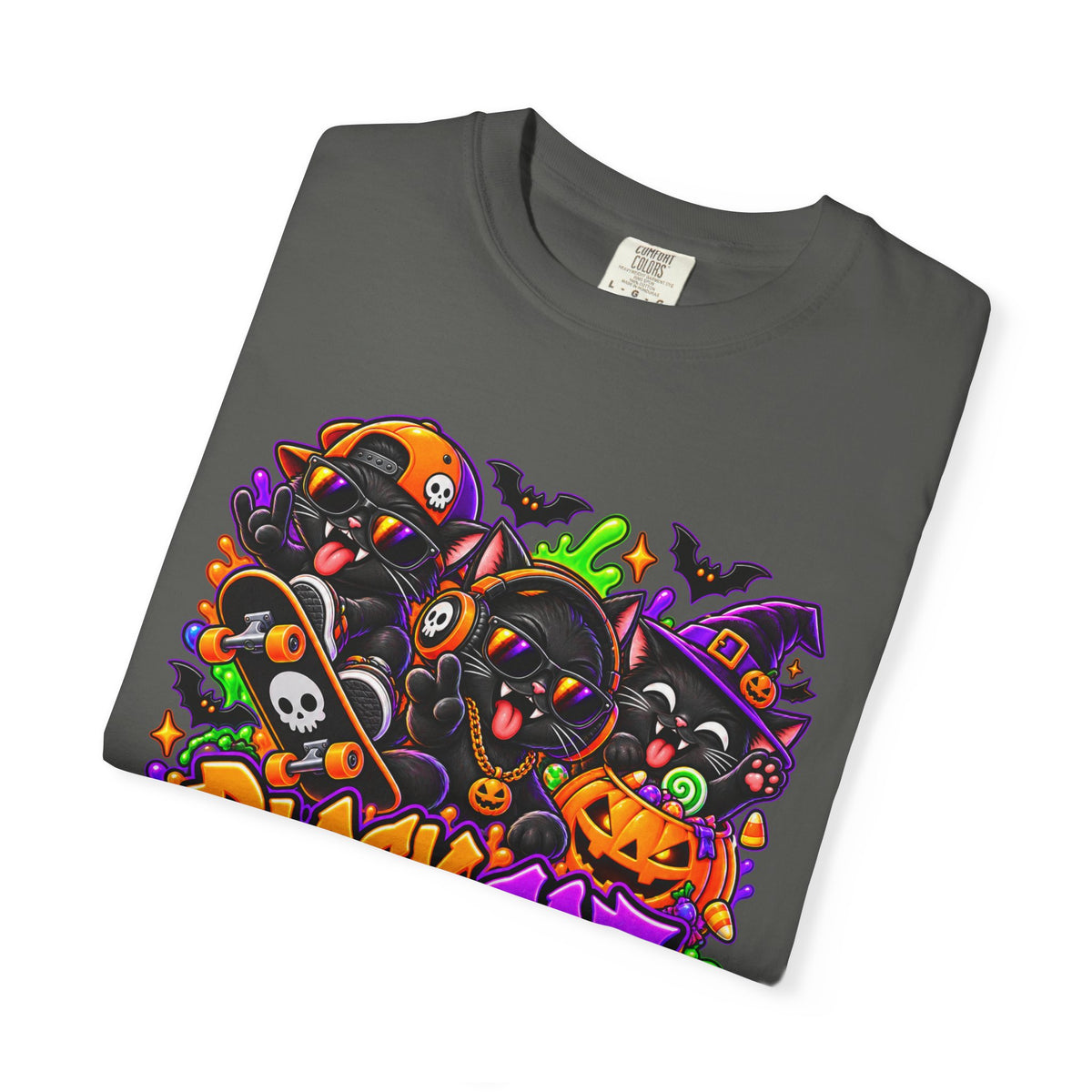 Neon Black Cat Halloween Chaos T-Shirt | Cute Spooky Cat Graphic Tee