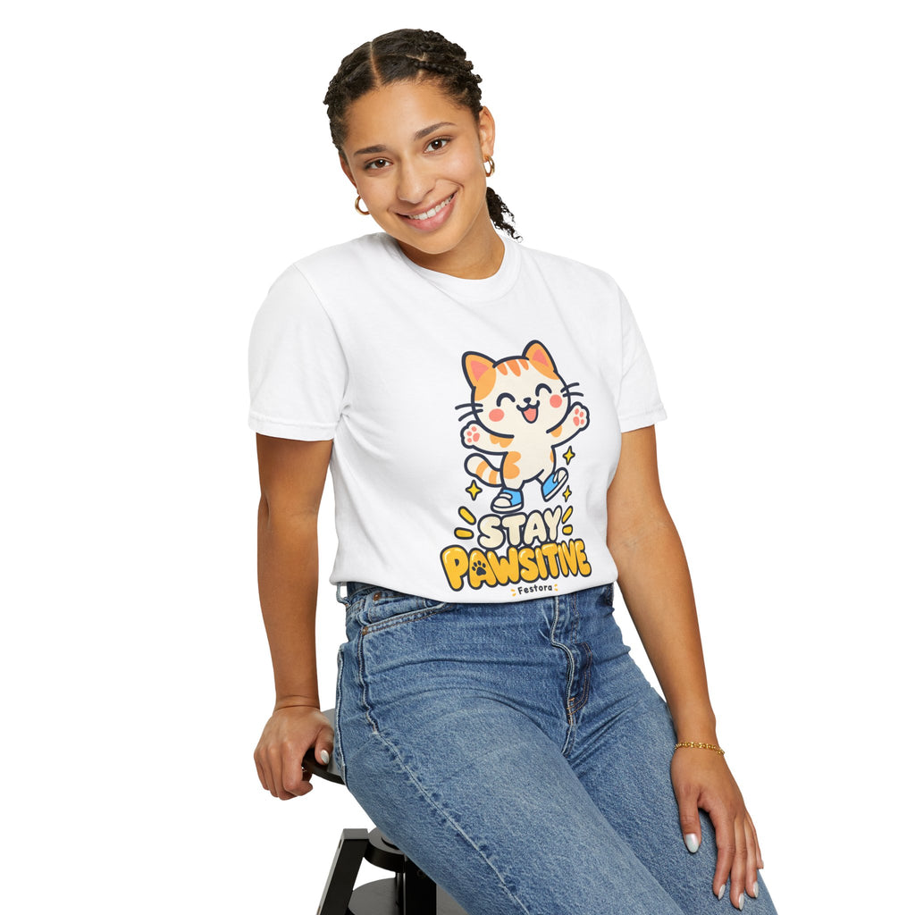 Stay Pawsitive – Cute Happy Cat Graphic T-Shirt