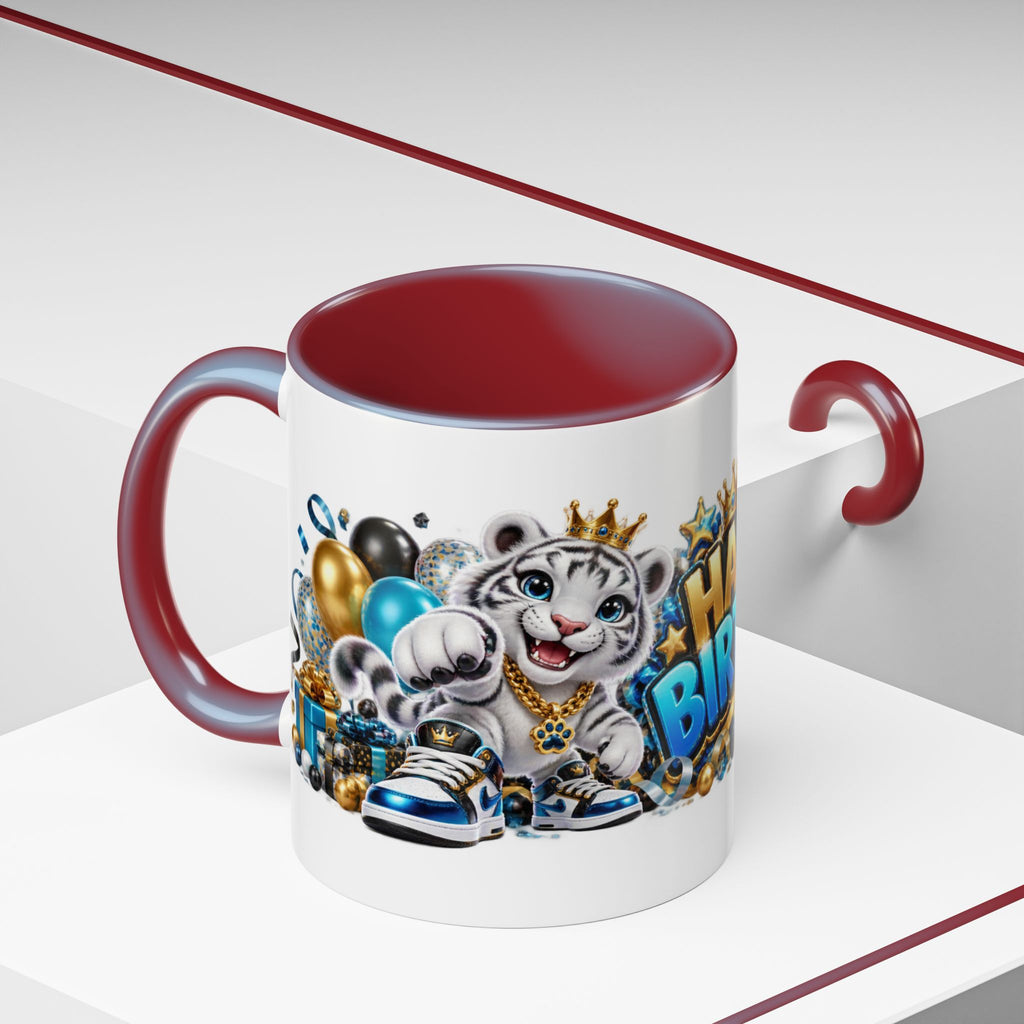 Happy Birthday White Tiger Mug – Colorful 3D Birthday Gift – White Coffee Mug