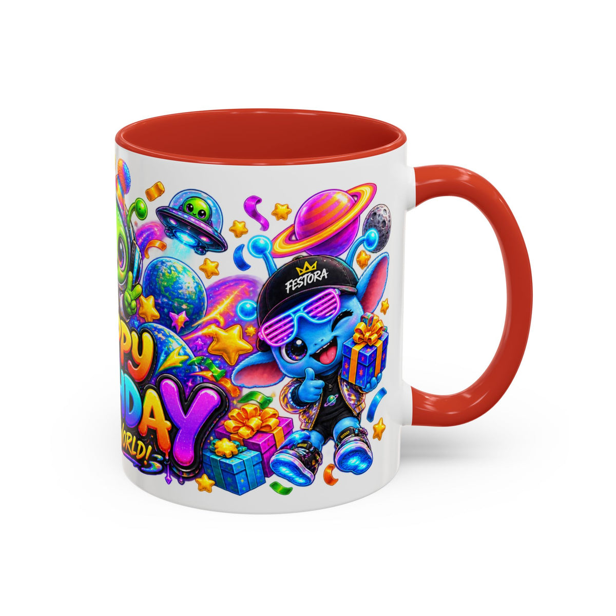 Happy Birthday Out of This World Accent Mug — Cute Alien Space Birthday Coffee Cup (11oz)