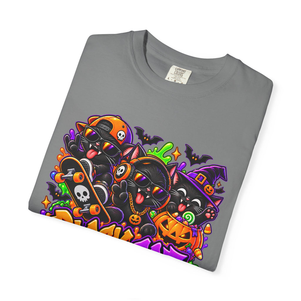 Neon Black Cat Halloween Chaos T-Shirt | Cute Spooky Cat Graphic Tee