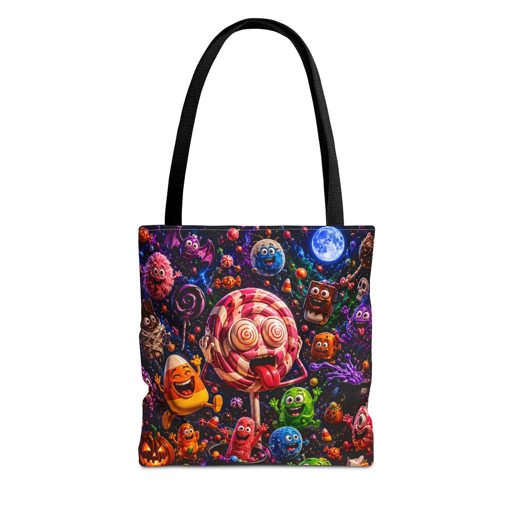 Crazy Halloween Candy Monsters Tote Bag — Colorful 3D Lolipop & Treats Design