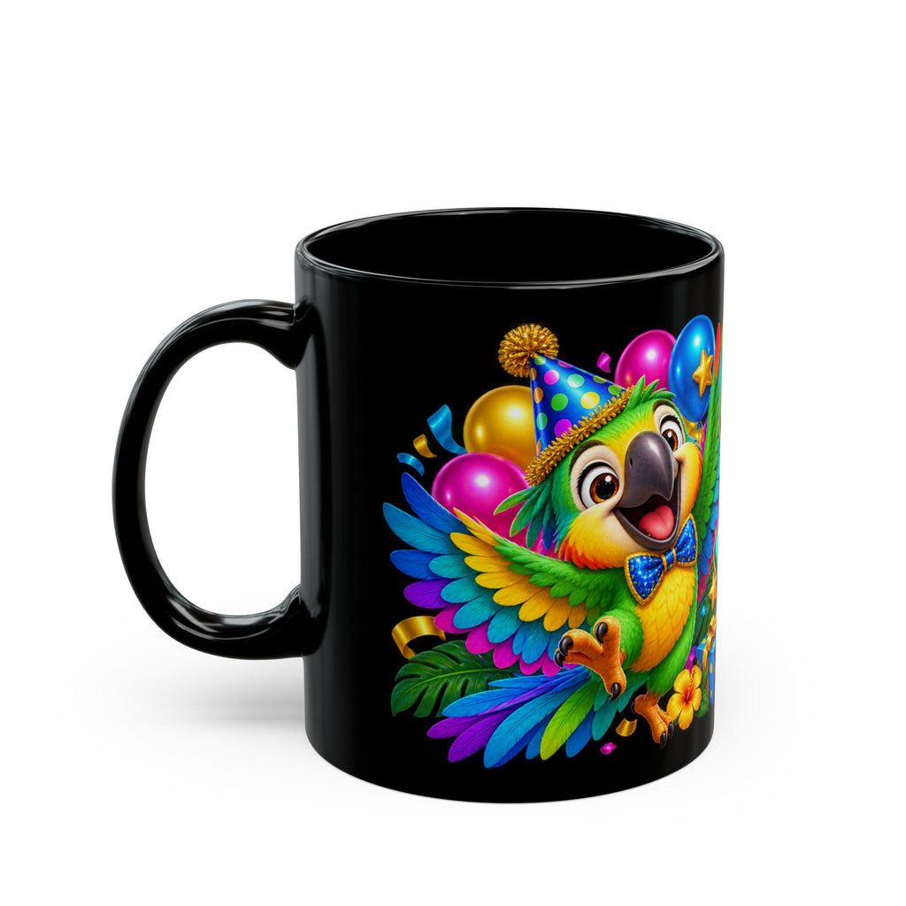 Squawk! It’s Your Birthday Black Mug – Colorful Parrot Birthday Cup, Fun Tropical Party Gift