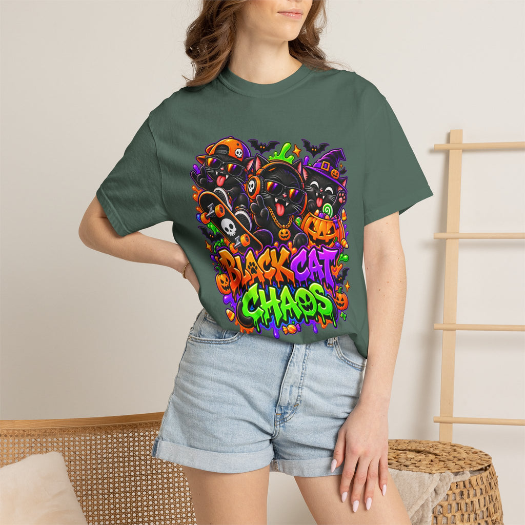 Neon Black Cat Halloween Chaos T-Shirt | Cute Spooky Cat Graphic Tee
