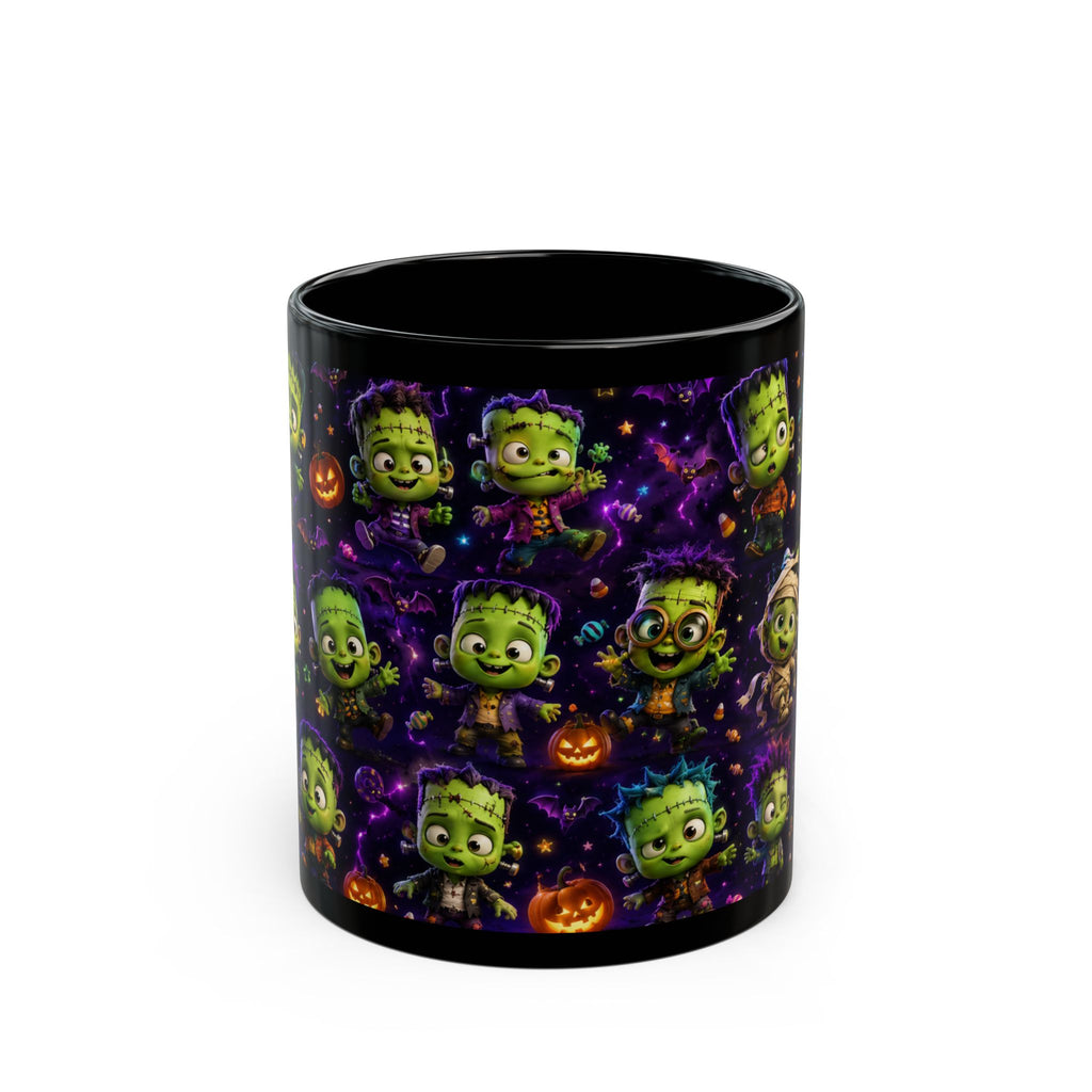Cute Frankenstein Halloween Mug — Black Ceramic Coffee Cup with Cartoon Monsters & Pumpkins (11oz/15oz)
