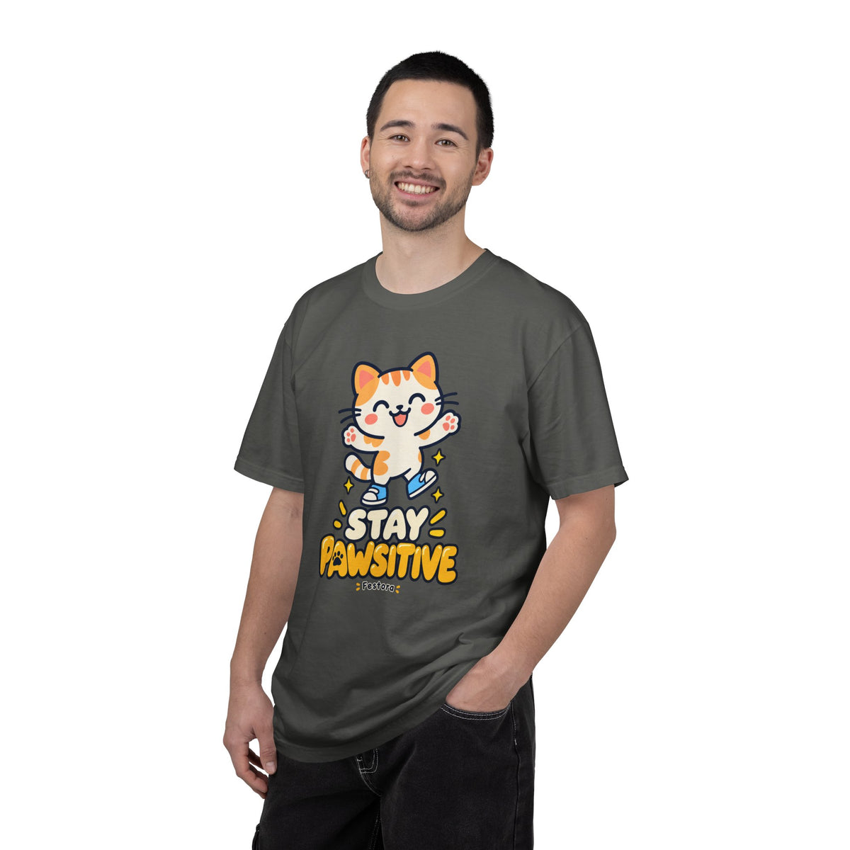 Stay Pawsitive – Cute Happy Cat Graphic T-Shirt