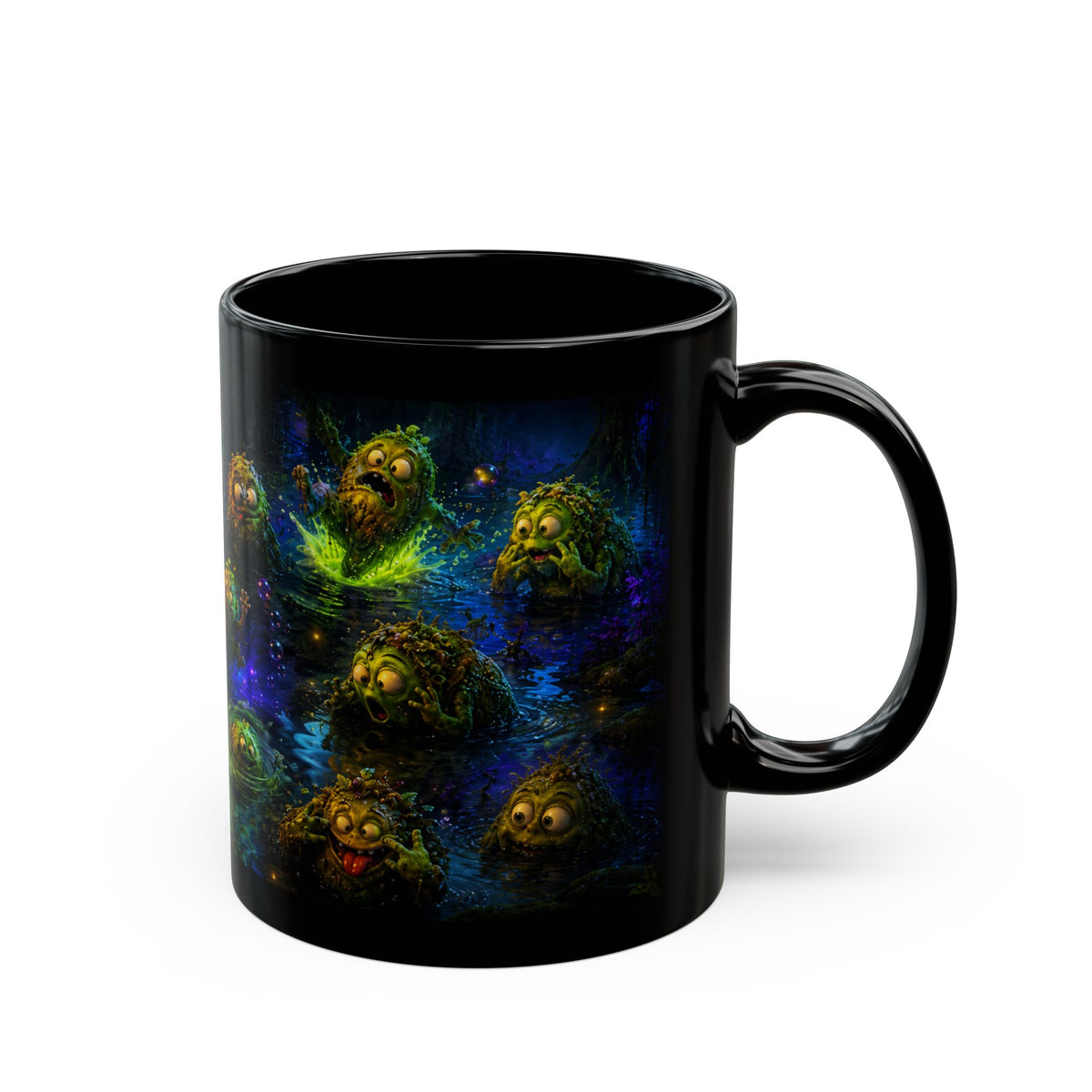 Fantasy Swamp Creatures Black Mug - Cute Mystic Bog Monsters