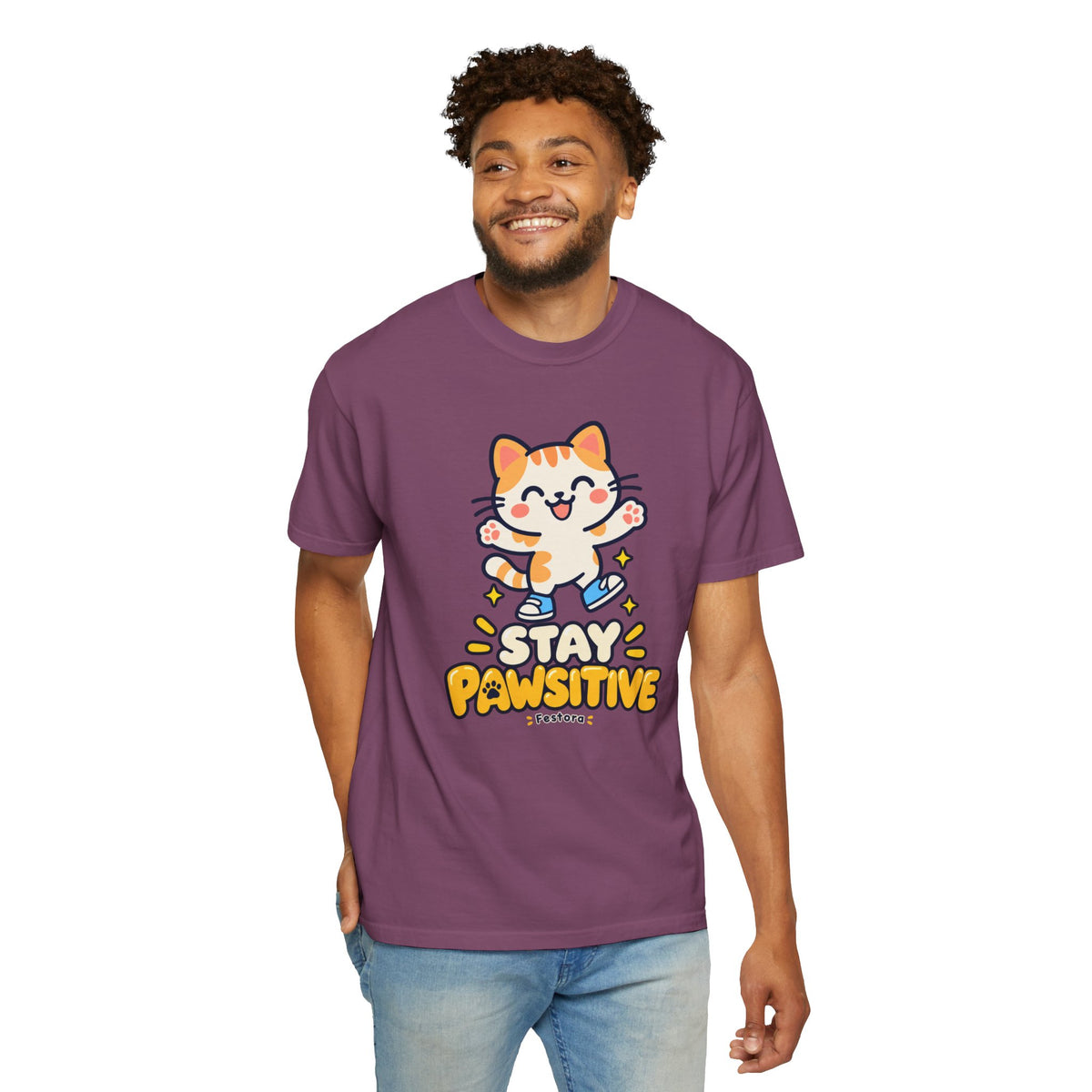 Stay Pawsitive – Cute Happy Cat Graphic T-Shirt