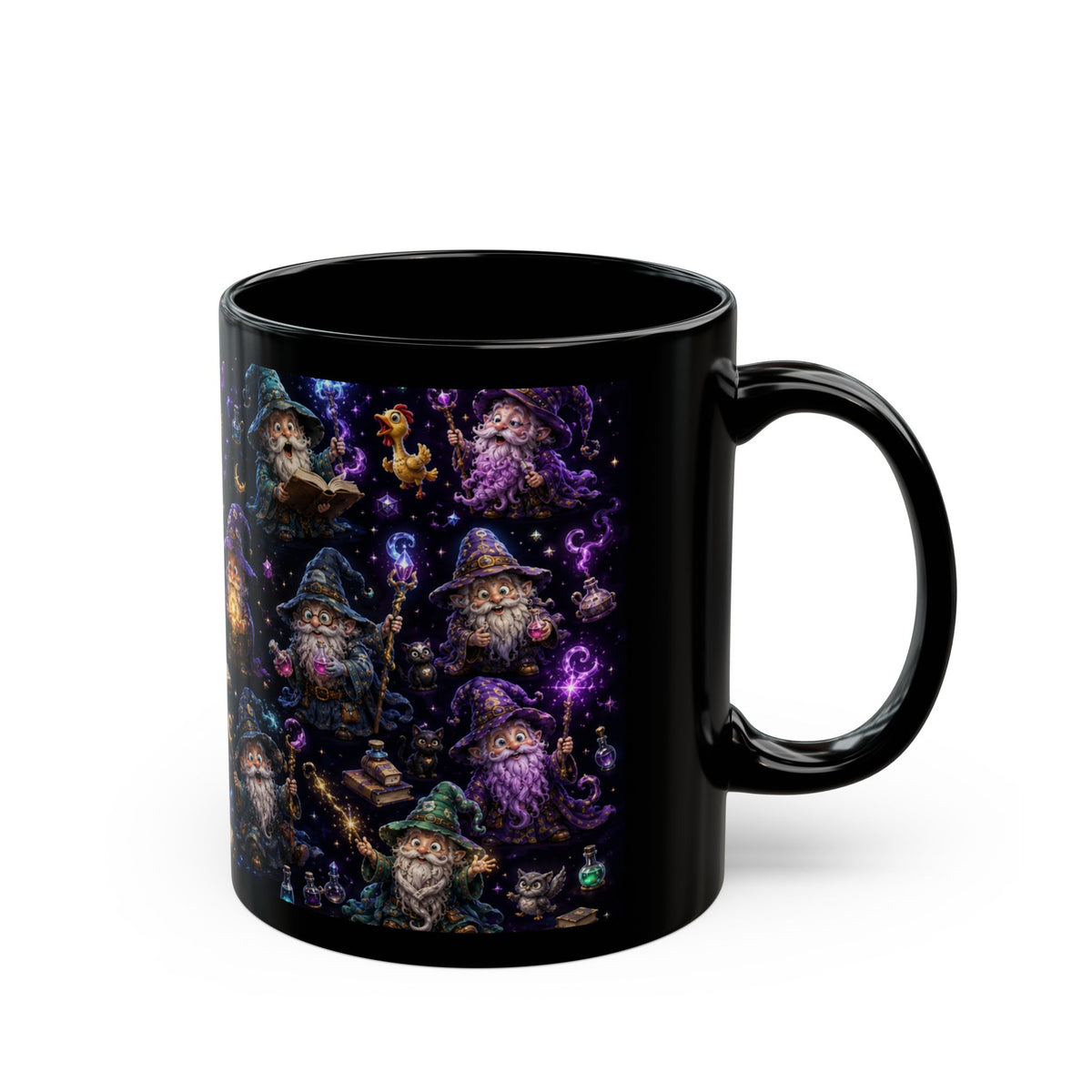 Magic Wizard Pattern Black Mug — Cute Wizardry Coffee Cup (11oz/15oz)