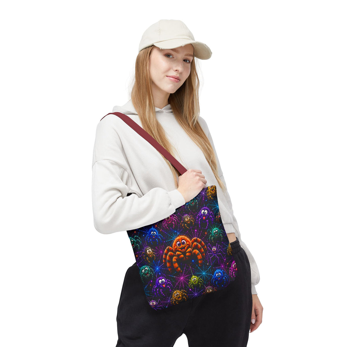 Colorful Crazy Spiders Halloween Tote Bag – Cute 3D Spider Web Pattern