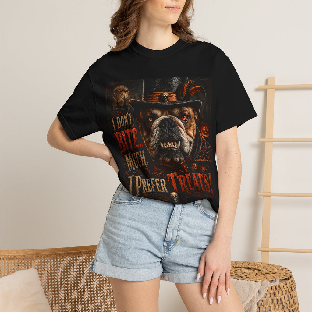 Halloween Bulldog T‑Shirt - "I Don't Bite Much, I Prefer Treats!"