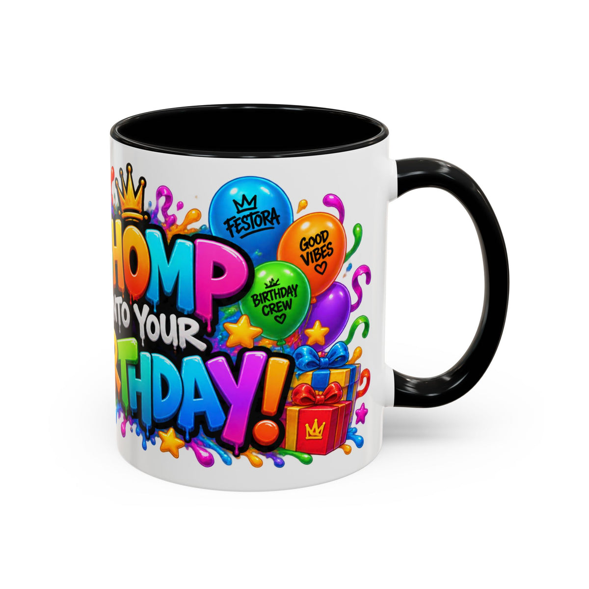 CHOMP INTO YOUR BIRTHDAY! White Ceramic Mug – Funny Crocodile Birthday Coffee Cup – Colorful Party Gift – Original FestoraShop Design