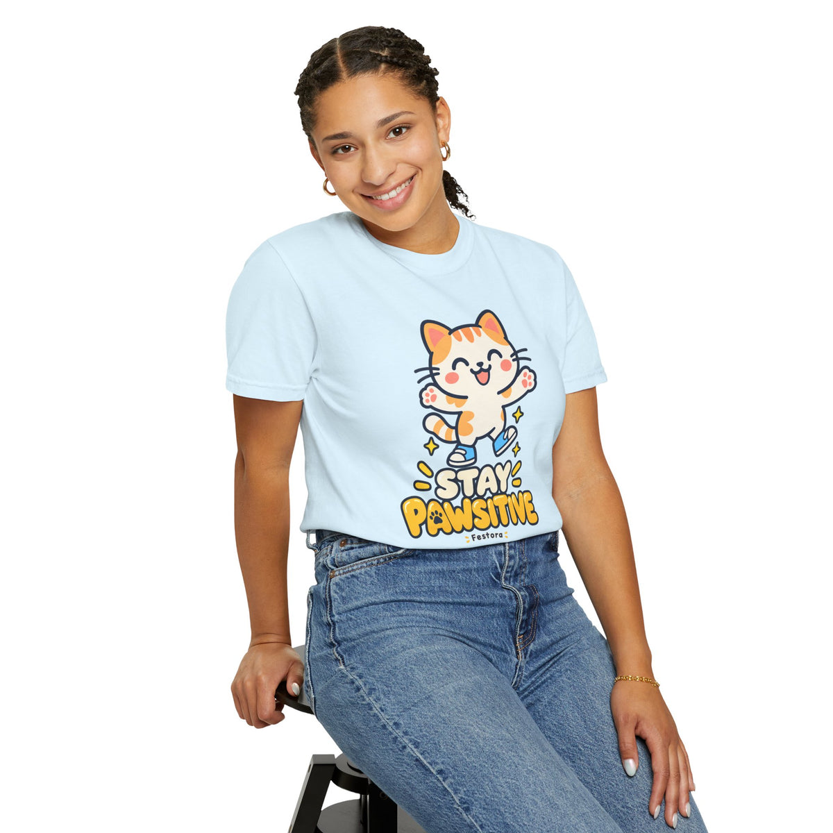 Stay Pawsitive – Cute Happy Cat Graphic T-Shirt