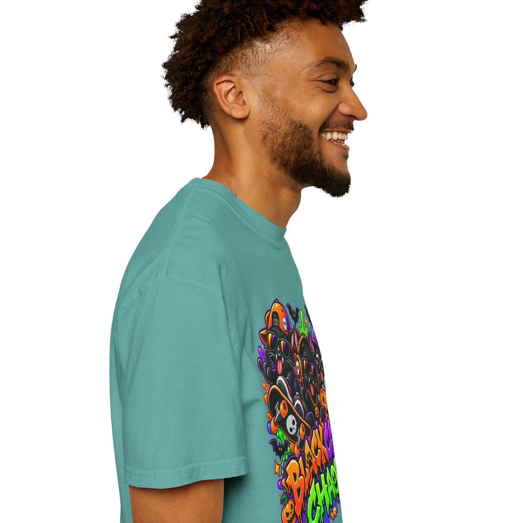 Neon Black Cat Halloween Chaos T-Shirt | Cute Spooky Cat Graphic Tee