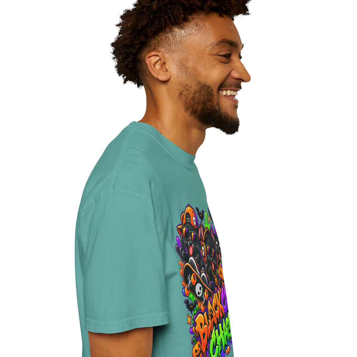 Neon Black Cat Halloween Chaos T-Shirt | Cute Spooky Cat Graphic Tee
