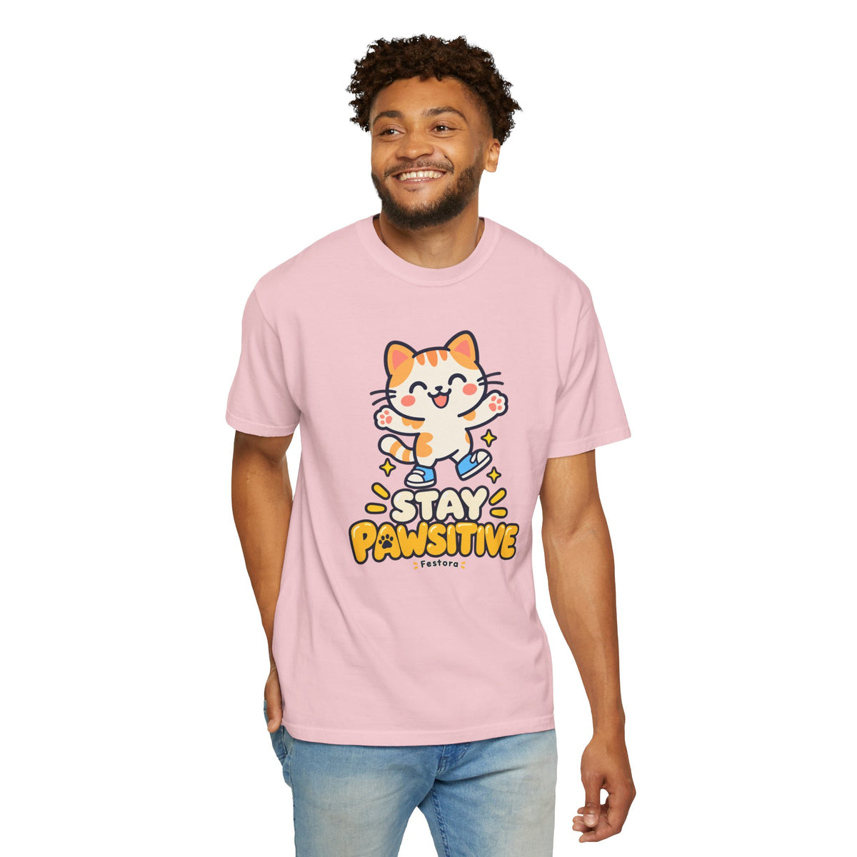 Stay Pawsitive – Cute Happy Cat Graphic T-Shirt