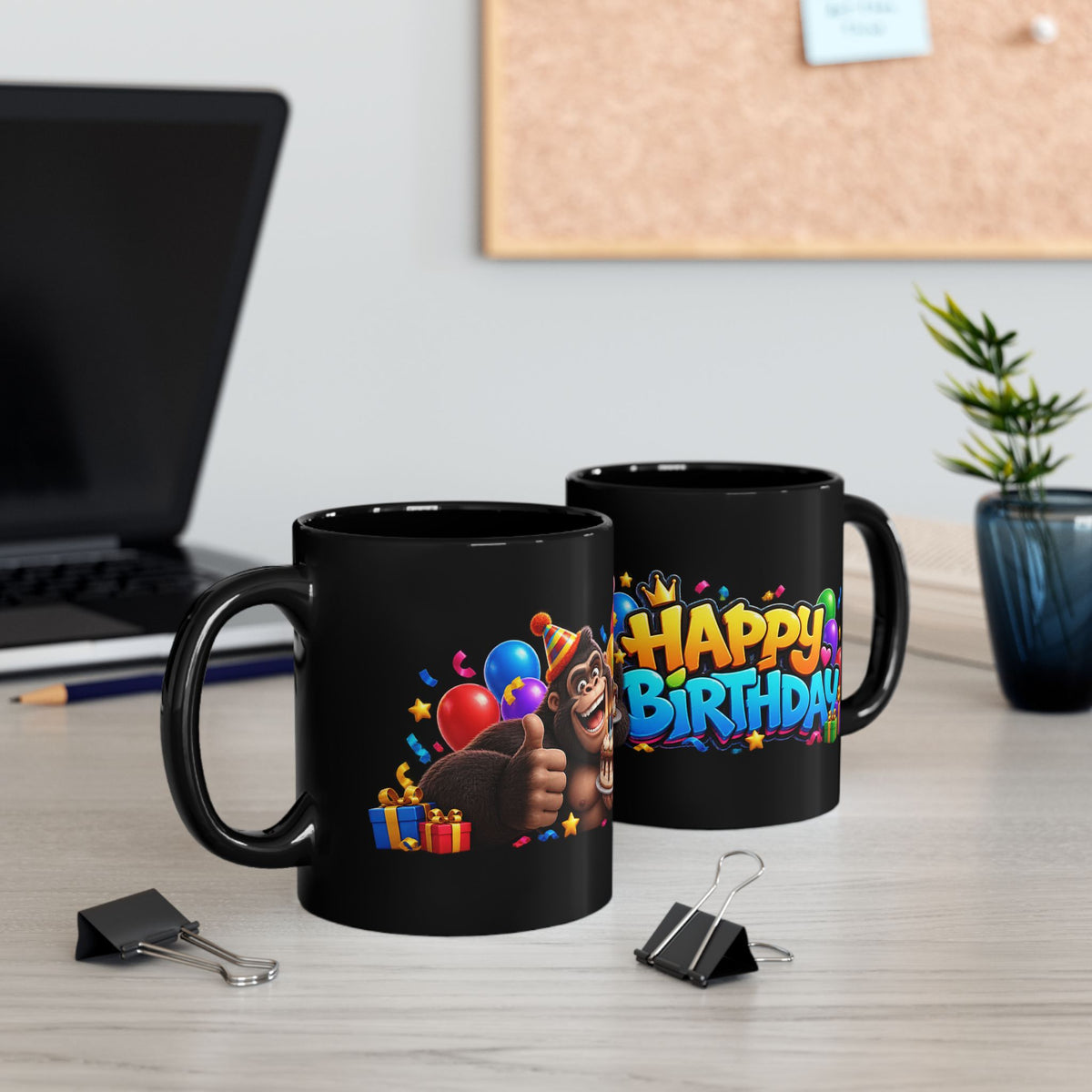 Gorilla Happy Birthday Mug - Bold 3D Party Design on Black Mug