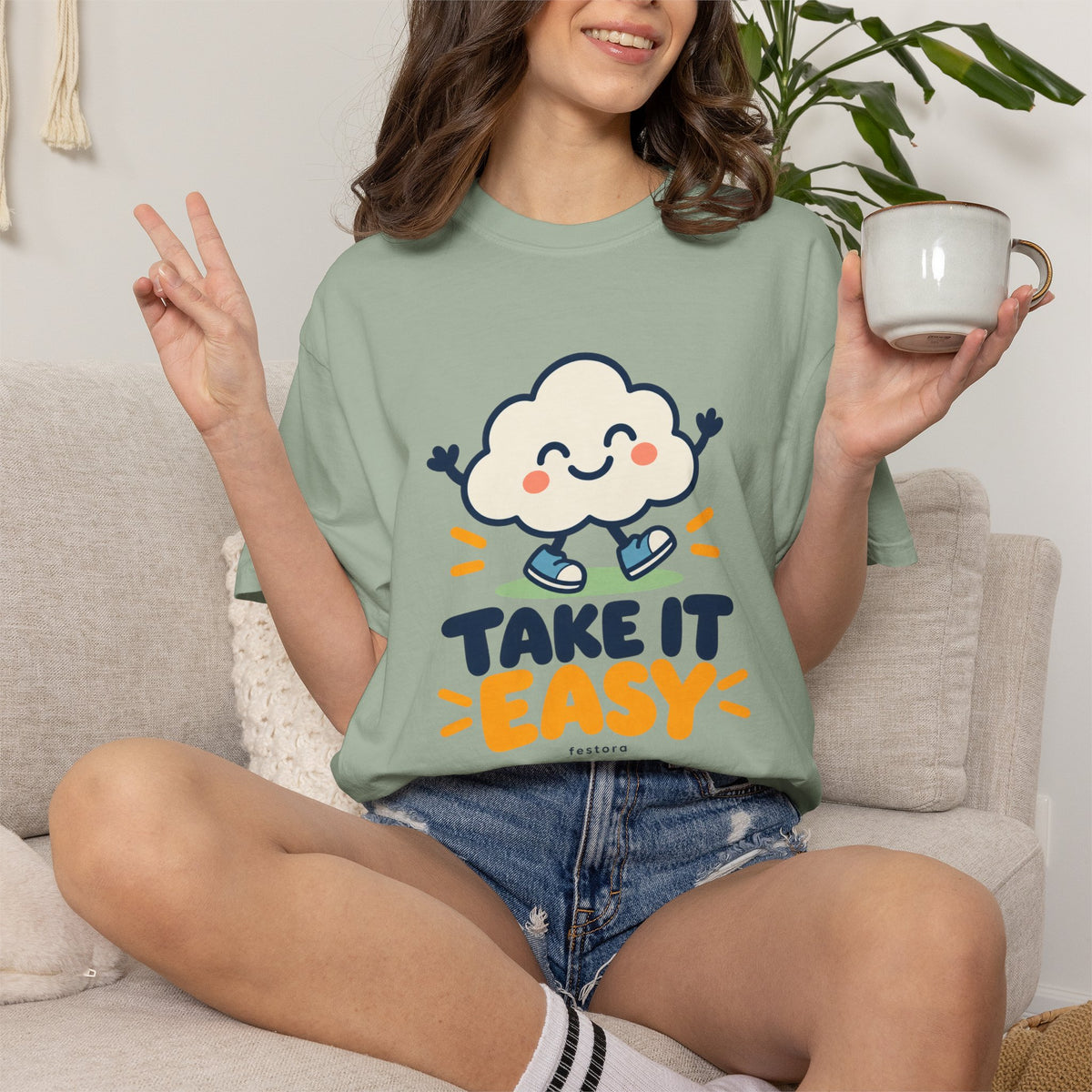 Take It Easy – Happy Cloud Graphic T-Shirt | Festora Everyday