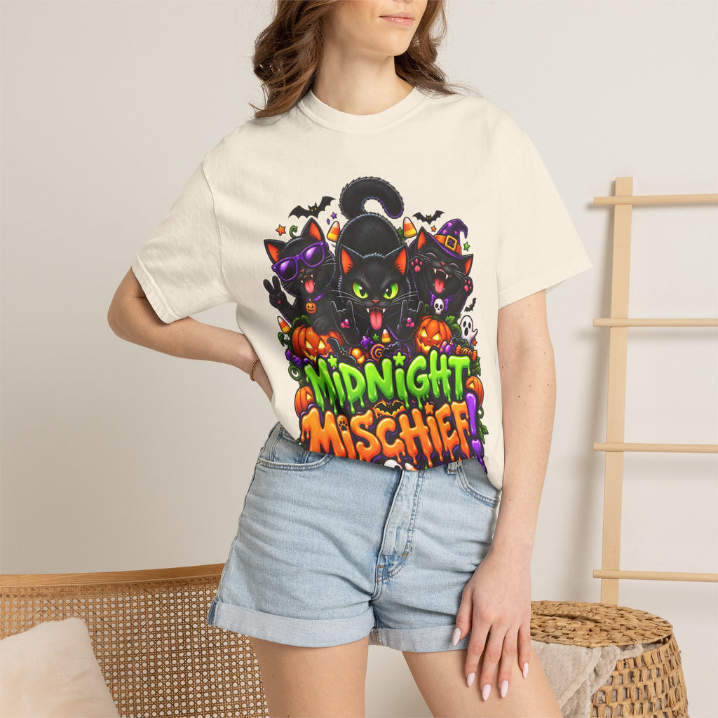 Midnight Mischief Halloween T-Shirt – Funny Black Cat Graphic Tee