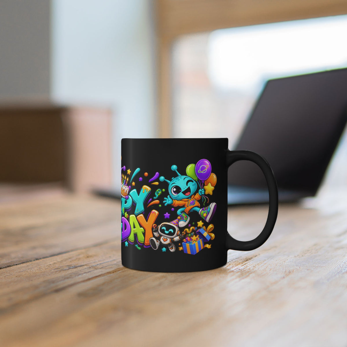 Happy Birthday Alien Mug – Colorful Space Party Mug with Cute Aliens & Robots