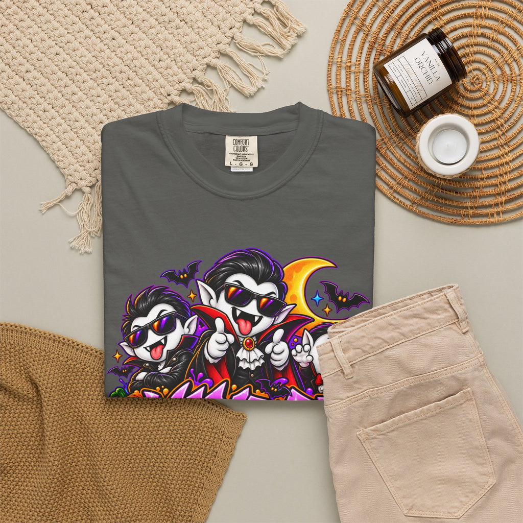 Neon Vampire Vibes Halloween Unisex Garment-Dyed T-Shirt Featuring a Cool Festora Vampire Crew