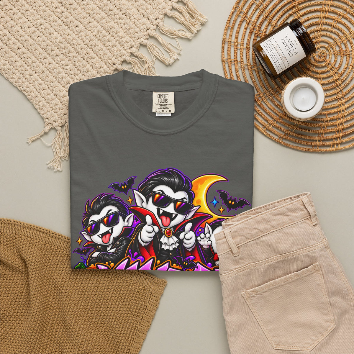 Neon Vampire Vibes Halloween Unisex Garment-Dyed T-Shirt Featuring a Cool Festora Vampire Crew