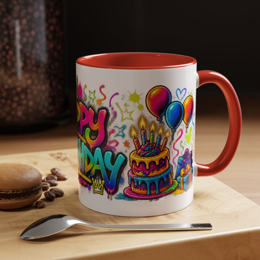 Happy Birthday Accent Coffee Mug – Colorful Graffiti Cake & Balloons (11/15oz)