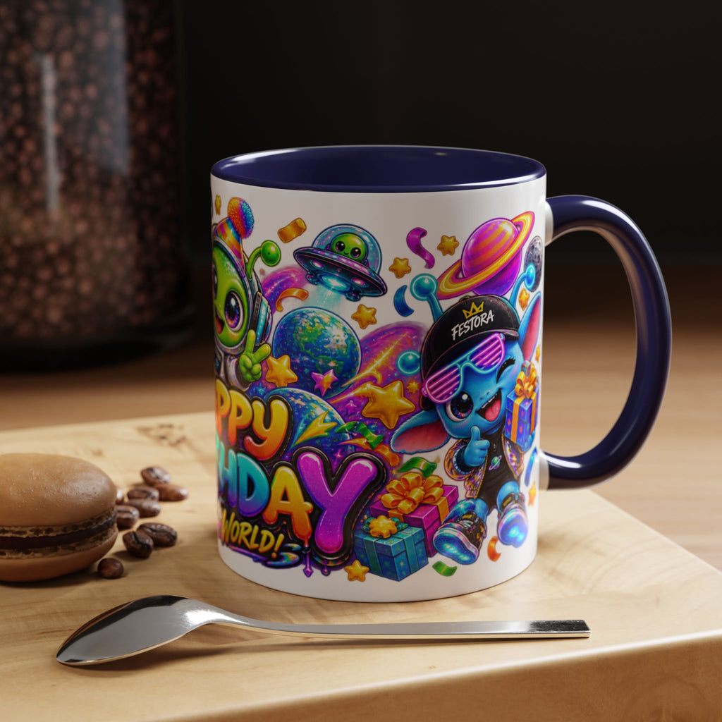 Happy Birthday Out of This World Accent Mug — Cute Alien Space Birthday Coffee Cup (11oz)