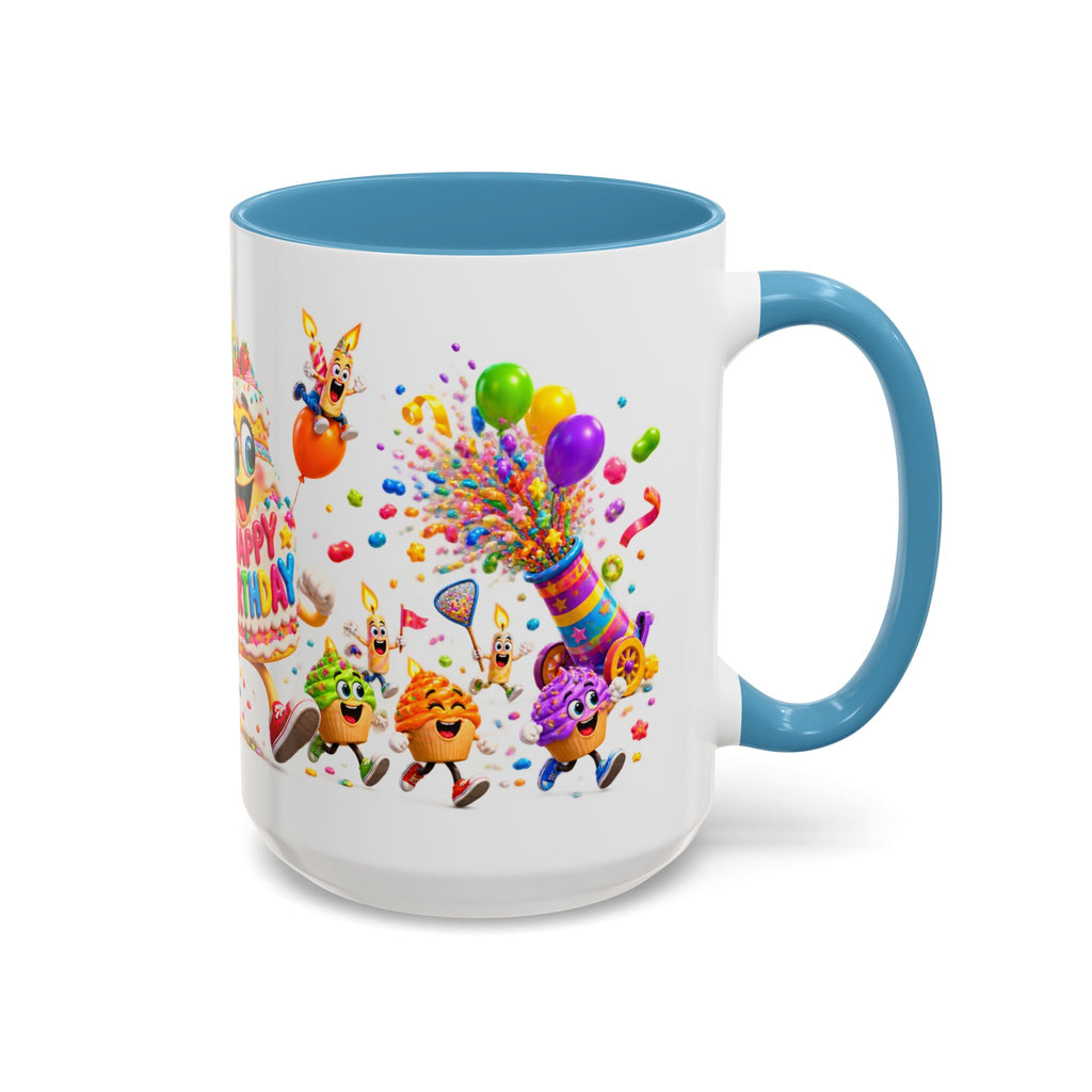 Birthday Party Coffee Mug – Colorful Happy Birthday Cake & Balloon Design (11/15oz Accent Mug)