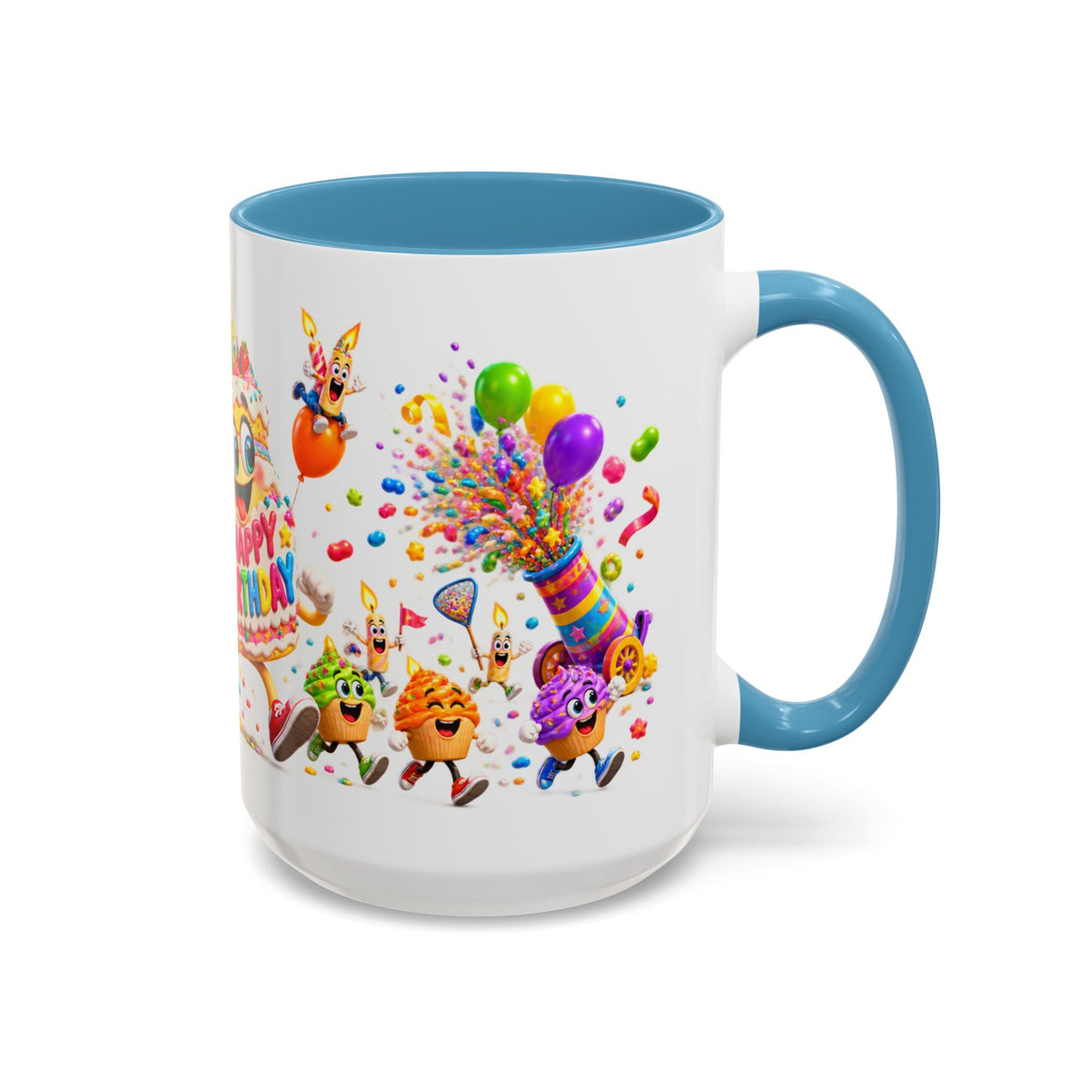 Birthday Party Coffee Mug – Colorful Happy Birthday Cake & Balloon Design (11/15oz Accent Mug)