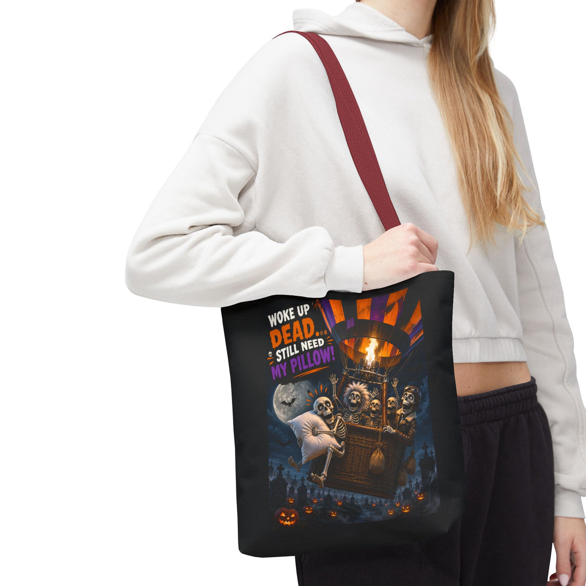 Halloween Ghost Tote — "Woke Up Dead... Still Need My Pillow" All-Over Print Tote