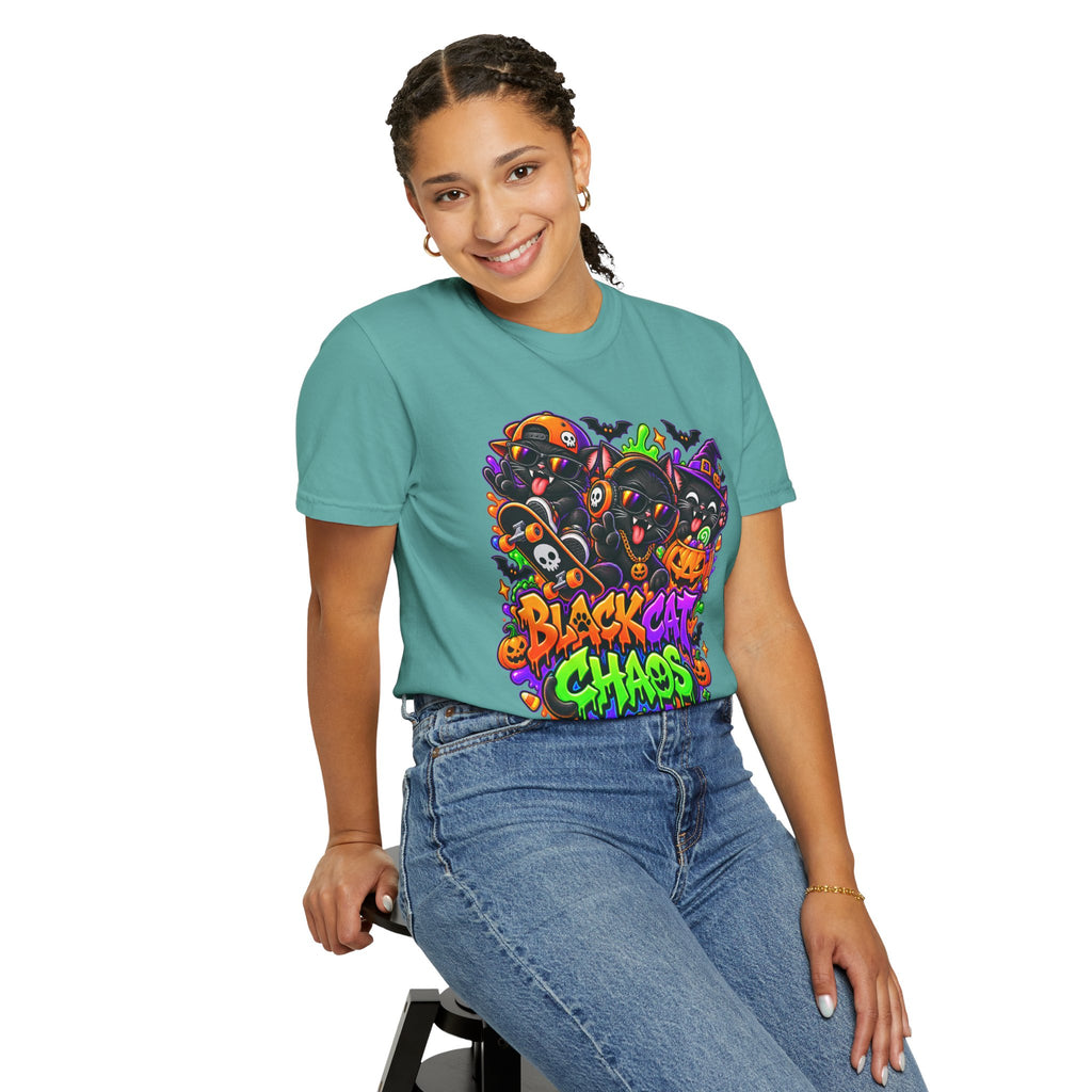 Neon Black Cat Halloween Chaos T-Shirt | Cute Spooky Cat Graphic Tee