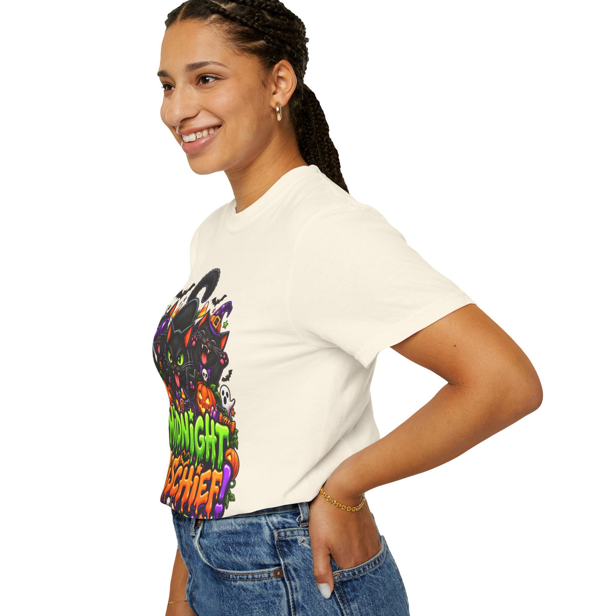 Midnight Mischief Halloween T-Shirt – Funny Black Cat Graphic Tee