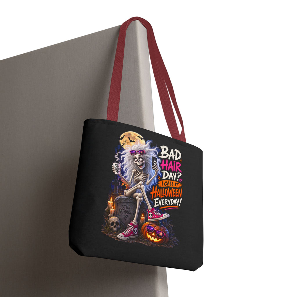 Halloween Skeleton Tote Bag — "Bad Hair Day? I Call It Halloween Everyday" Graphic