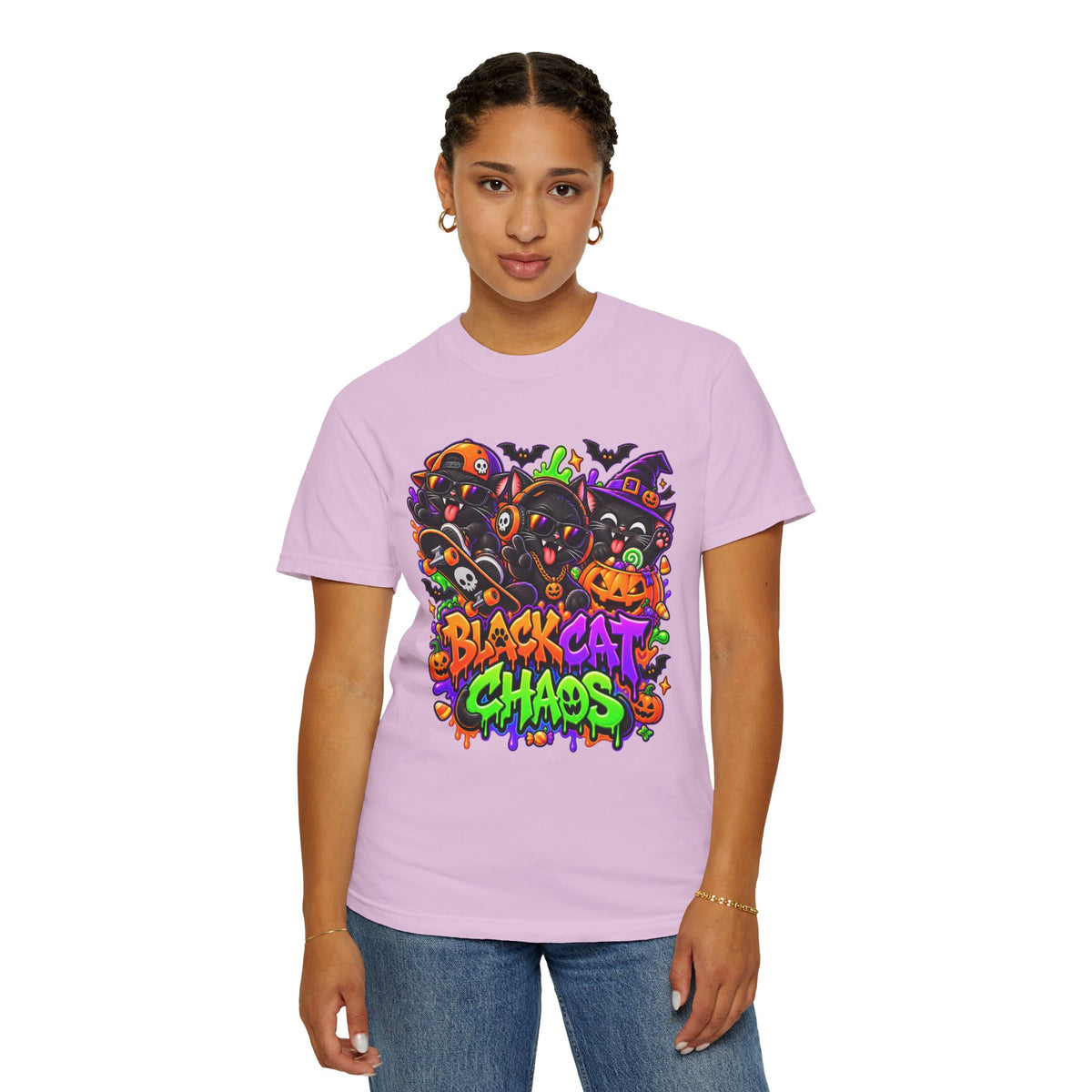 Neon Black Cat Halloween Chaos T-Shirt | Cute Spooky Cat Graphic Tee