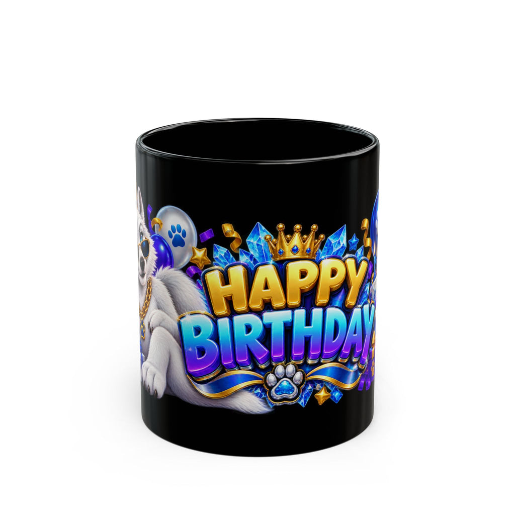 White Wolf Happy Birthday Mug – Blue Purple & Gold Birthday Design – FestoraShop Black Coffee Mug
