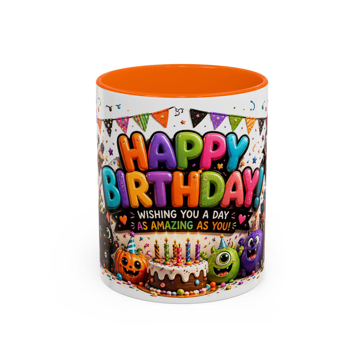 Happy Birthday Accent Coffee Mug — Colorful 3D Birthday Party Design (11/15oz)