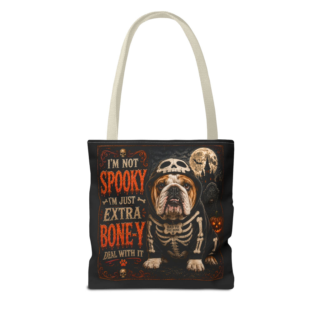 Halloween Bulldog Tote Bag – "I’m Not Spooky, I’m Just Extra Boney" All-Over Print