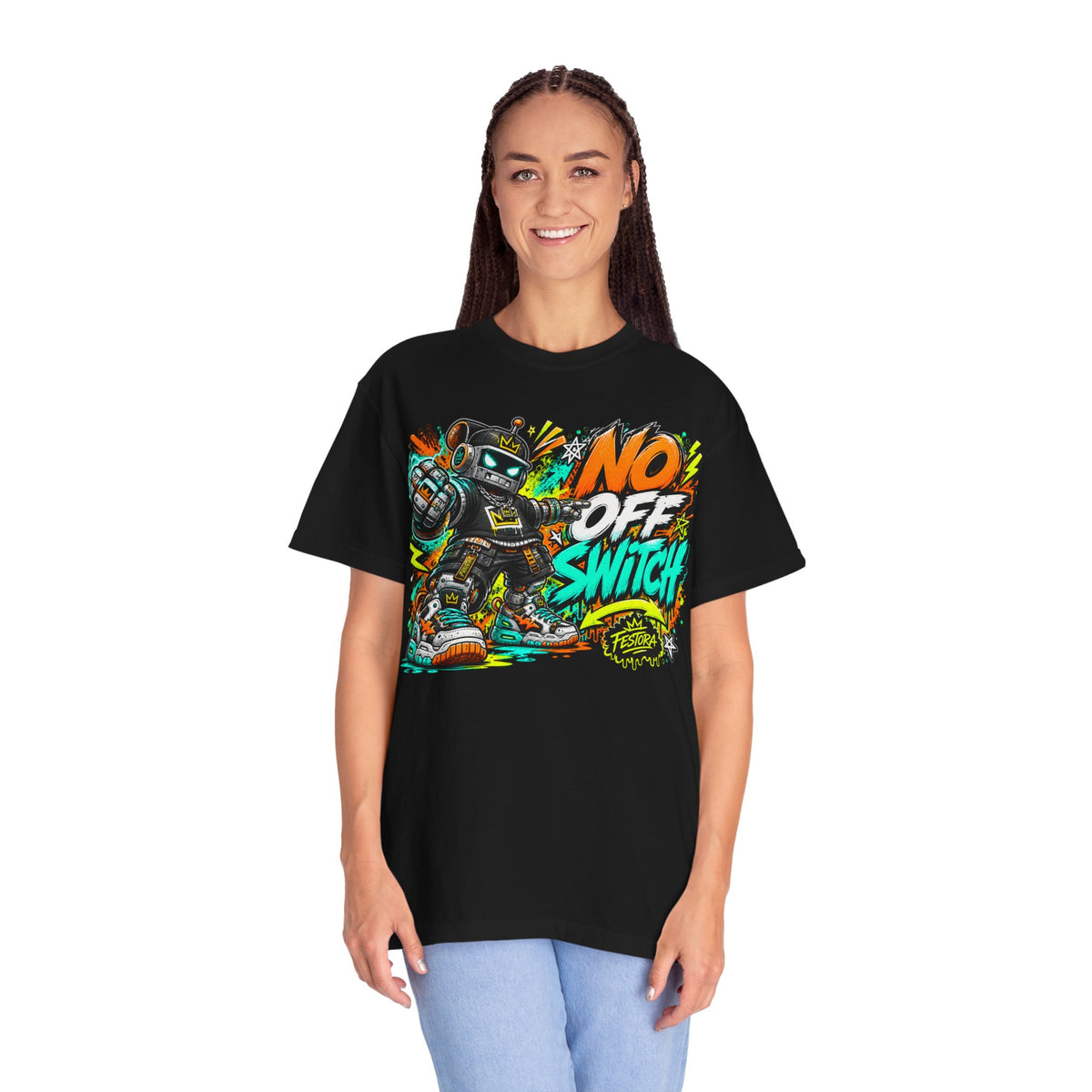 No Off Switch Robot Graphic T-Shirt — Bold Retro Streetwear Design