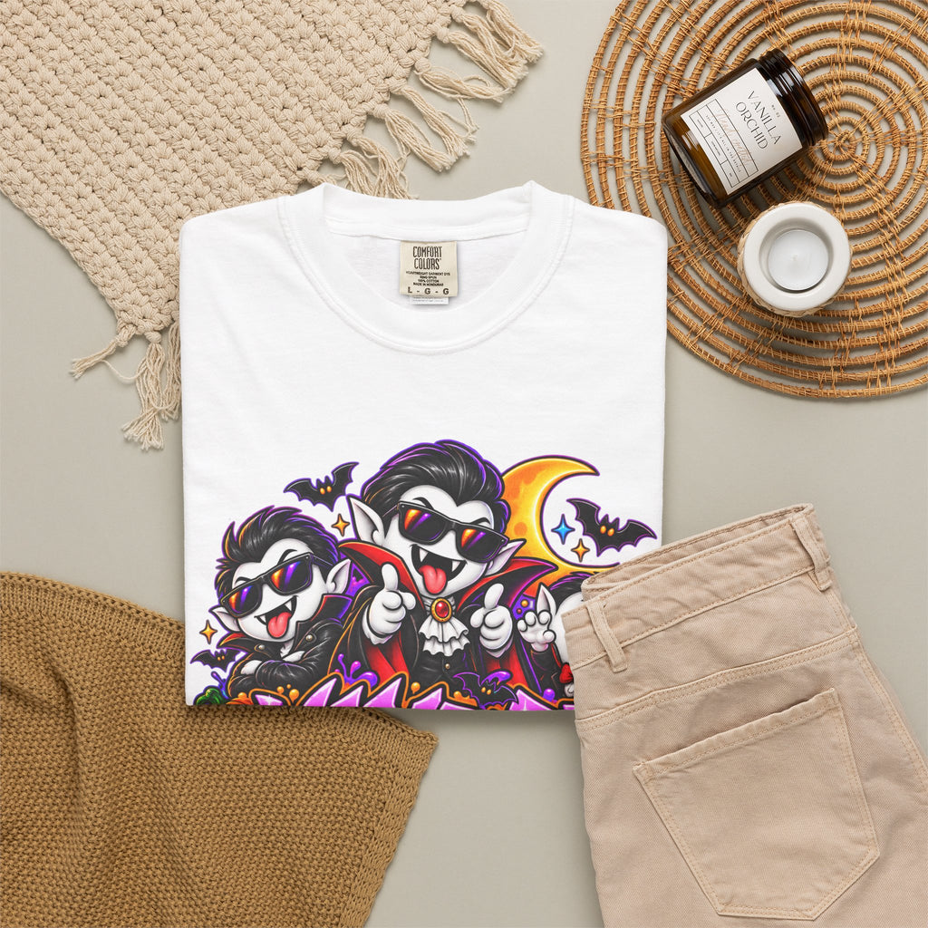 Neon Vampire Vibes Halloween Unisex Garment-Dyed T-Shirt Featuring a Cool Festora Vampire Crew