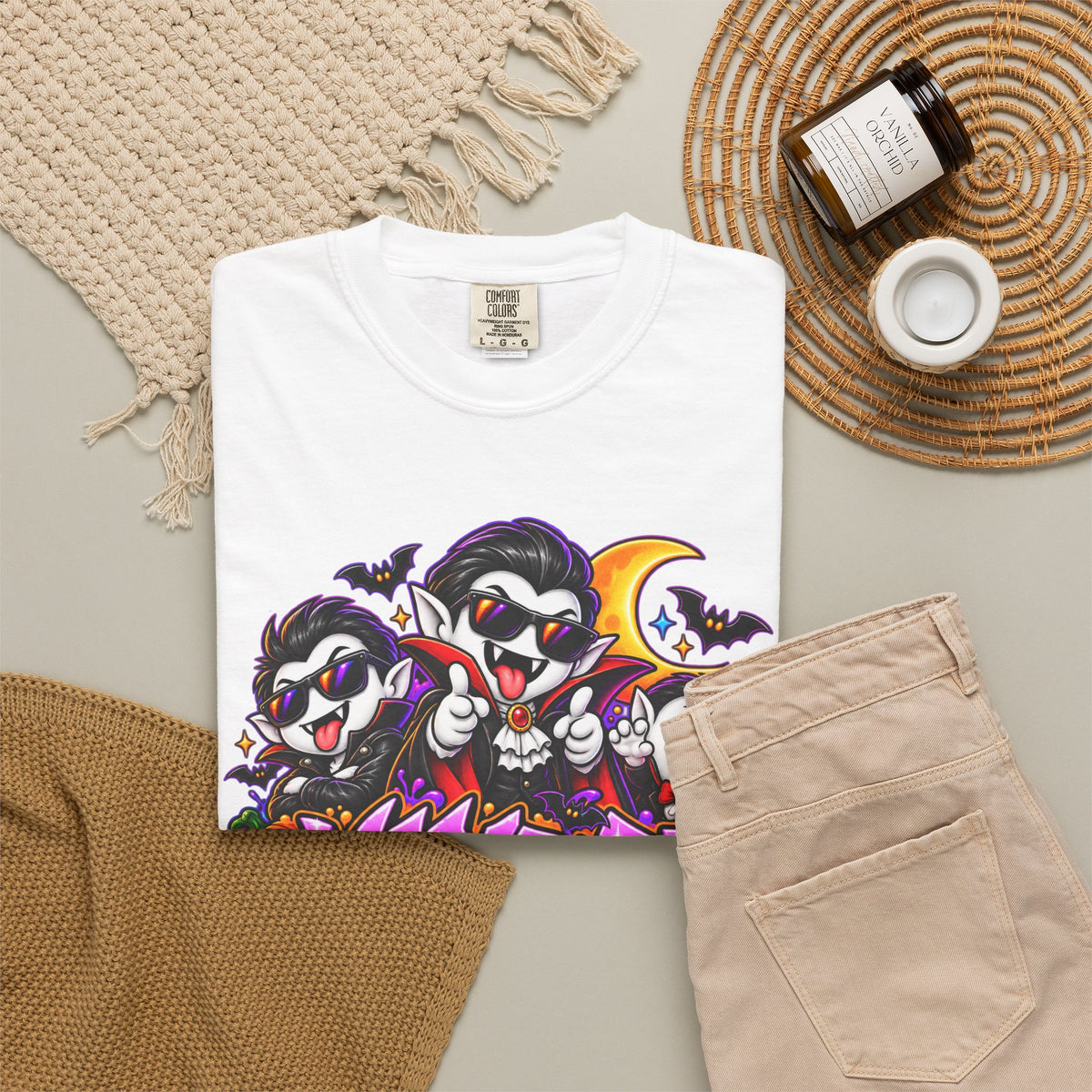 Neon Vampire Vibes Halloween Unisex Garment-Dyed T-Shirt Featuring a Cool Festora Vampire Crew