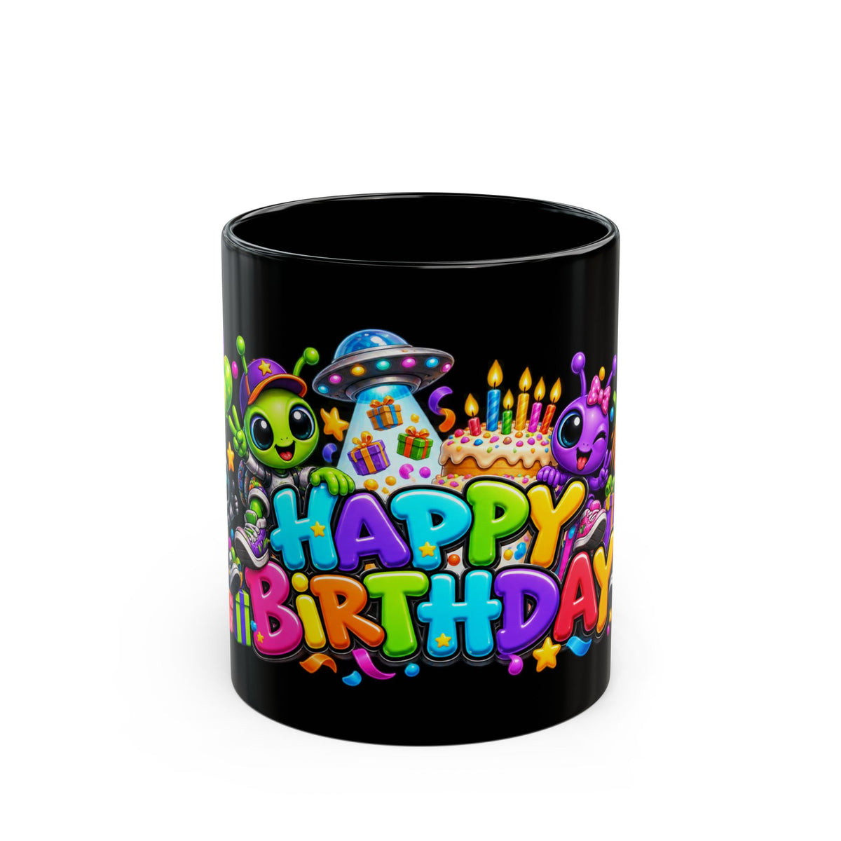 Happy Birthday Space Party Mug – Cute Aliens, Robots, UFO & Colorful 3D Birthday Design